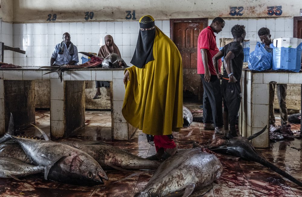 A woman steps carefully over fish on the ground in the Hamar Weyne fish market in Mogadishu, Somalia. 27 November 2022.  The Hamar Weyne fish market in Mogadishu is a bustling hub for the sale and distribution of fish in the city. Located just a few meters from the old port, the market is a key destination for both local and international buyers. Fishermen and porters bring their daily catch to the market, where traders and buyers negotiate prices for different types of fish.