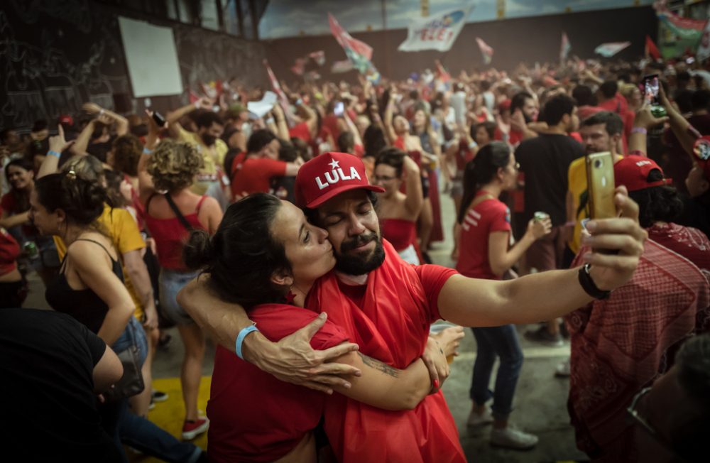 Lula's supporters waiting for the elections result and celebrating Lula's victory in São Paulo, Brazil